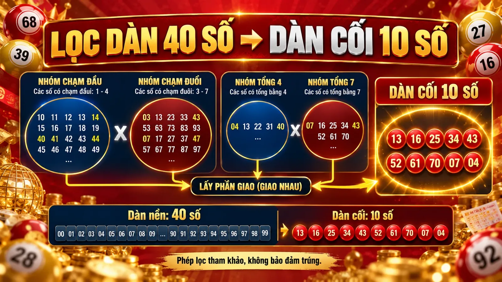 Cách lọc dàn đề bất tử từ 40 số nền về dàn cối 10 số bằng giao chạm và tổng