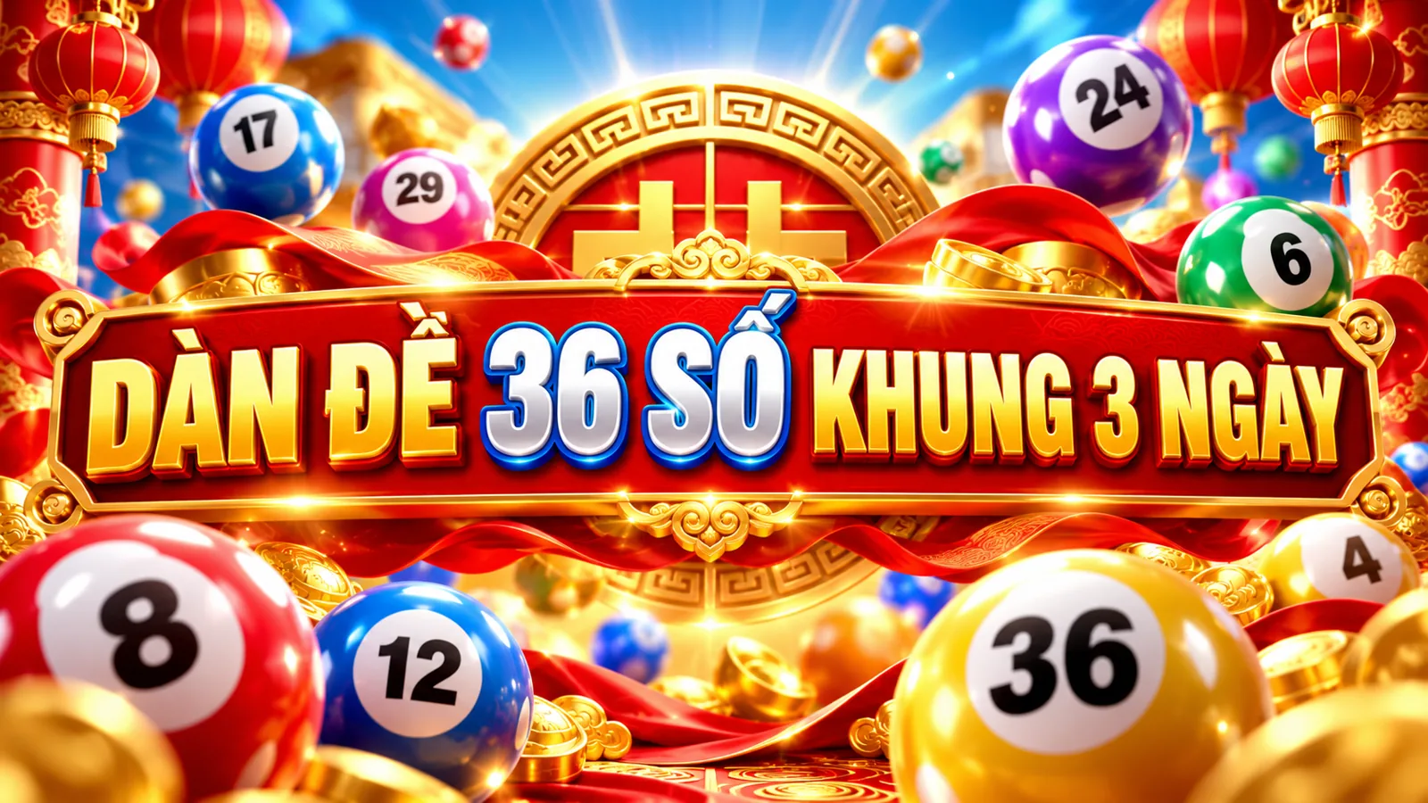 Banner Dàn đề 36 số khung 3 ngày với tiêu đề chủ đề và bóng số nhiều màu.