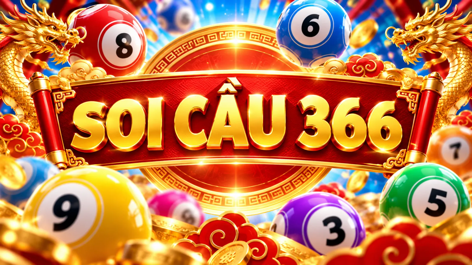 Banner Soi cầu 366 với tiêu đề chủ đề và bóng số nhiều màu.