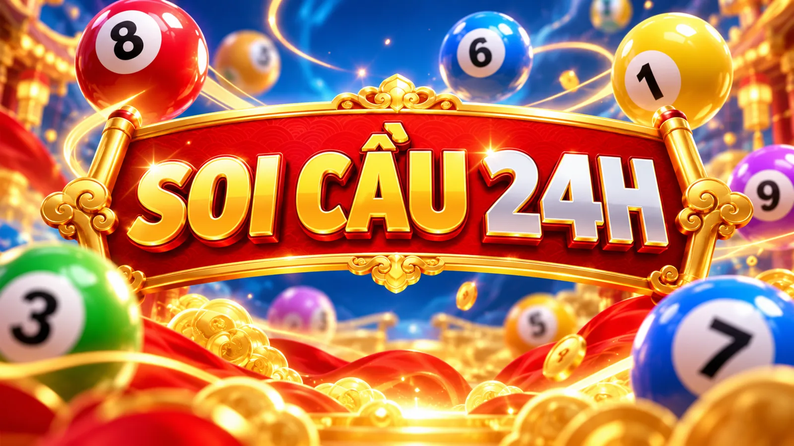 Banner Soi cầu 24h với tiêu đề chủ đề và bóng số nhiều màu.